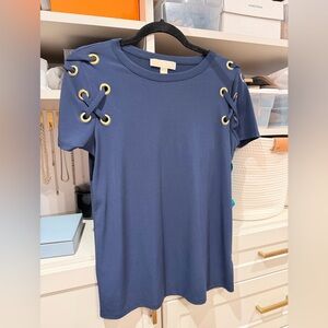Michael Kors Navy Short Sleeve Top with Gold Eyelet Lace-Up